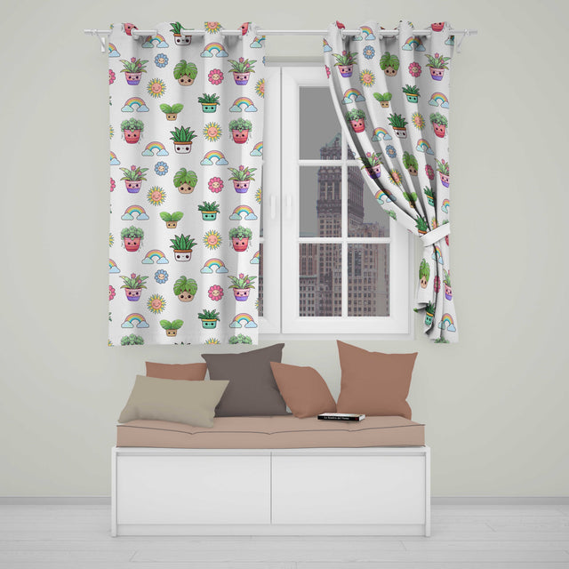 Cute Kawaii Pink Flower Pot Smiling Face Floral Seamless Pattern  Readymade Eyelet Ring Top Thermal 100% Blackout Curtains