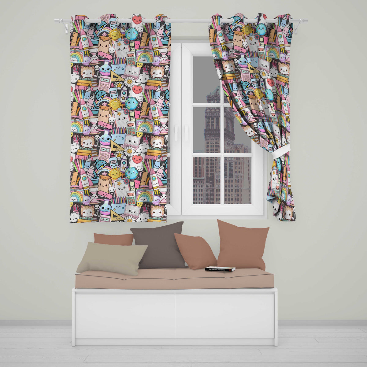Cute Kawaii Busy School Supplies Desk Cartoon Seamless Pattern  Readymade Eyelet Ring Top Thermal 100% Blackout Curtains