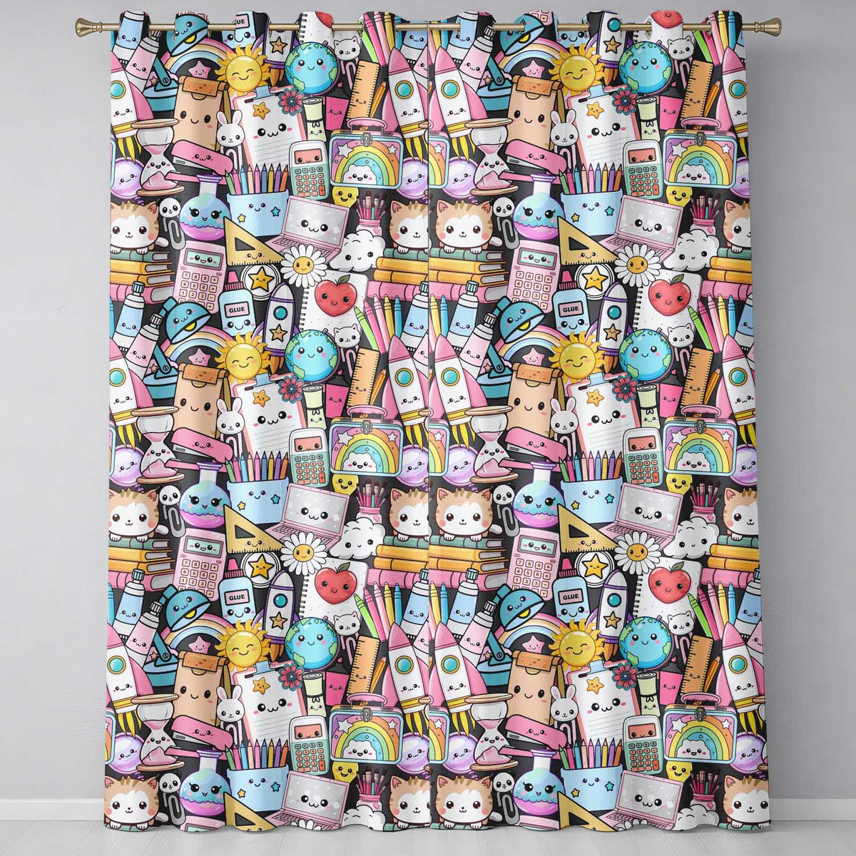 Cute Kawaii Busy School Supplies Desk Cartoon Seamless Pattern  Readymade Eyelet Ring Top Thermal 100% Blackout Curtains