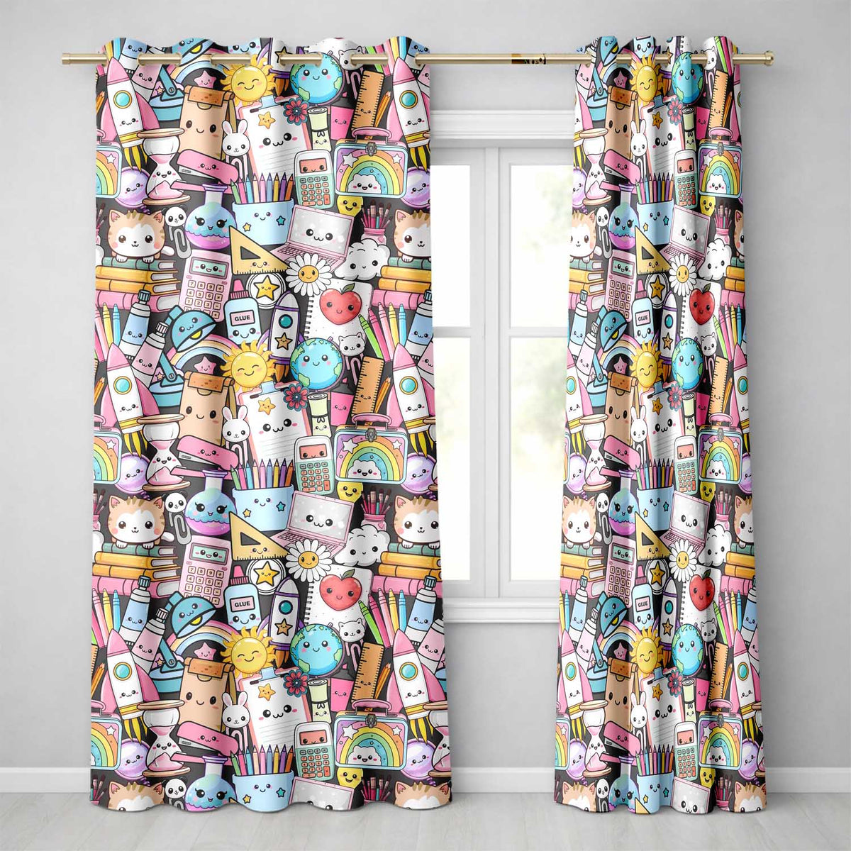 Cute Kawaii Busy School Supplies Desk Cartoon Seamless Pattern  Readymade Eyelet Ring Top Thermal 100% Blackout Curtains