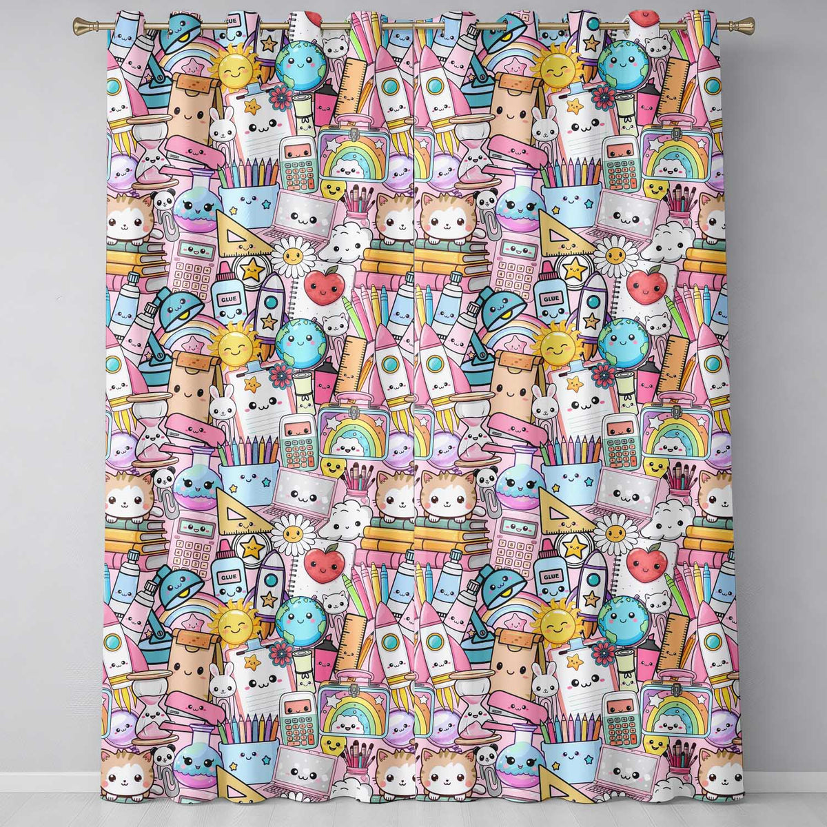 Cute Kawaii Busy School Supplies Desk Pink Background Seamless Pattern  Readymade Eyelet Ring Top Thermal 100% Blackout Curtains