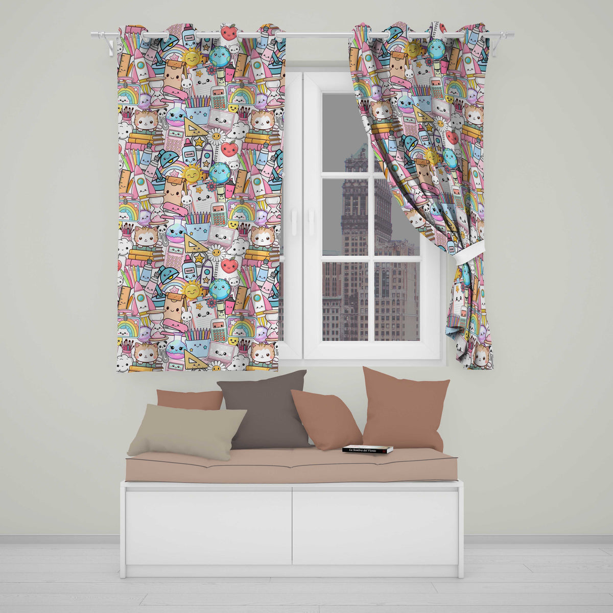 Cute Kawaii Busy School Supplies Desk Grey Background Seamless Pattern  Readymade Eyelet Ring Top Thermal 100% Blackout Curtains