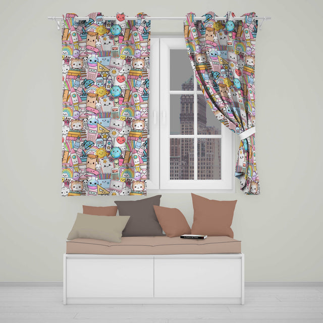 Cute Kawaii Busy School Supplies Desk Grey Background Seamless Pattern  Readymade Eyelet Ring Top Thermal 100% Blackout Curtains