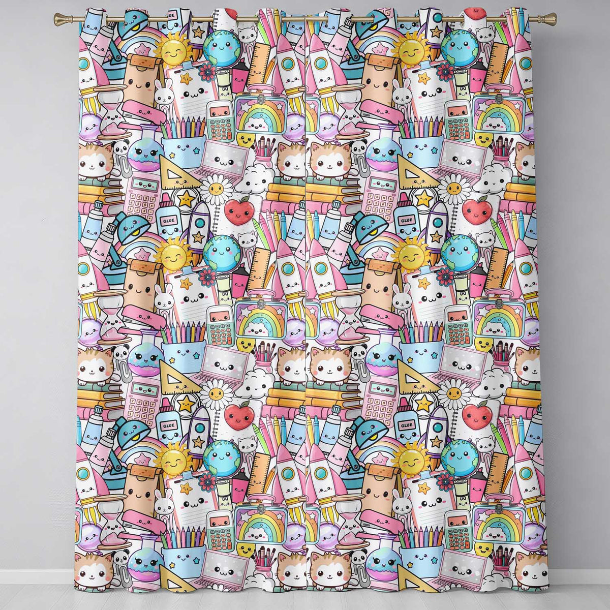 Cute Kawaii Busy School Supplies Desk Grey Background Seamless Pattern  Readymade Eyelet Ring Top Thermal 100% Blackout Curtains