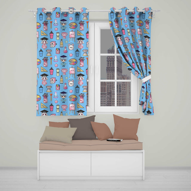 Cute Kawaii Graduation Student Art Supplies Blue Seamless Pattern  Readymade Eyelet Ring Top Thermal 100% Blackout Curtains