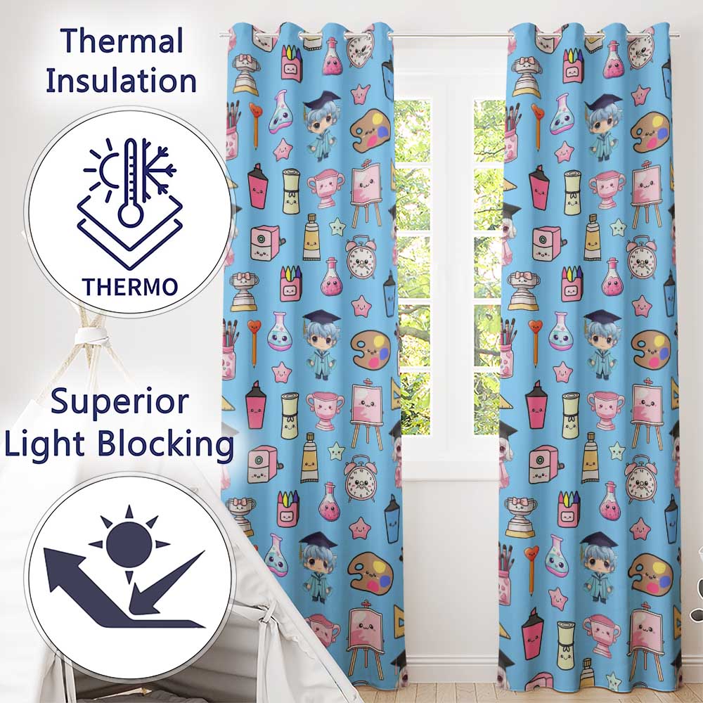 Cute Kawaii Graduation Student Art Supplies Blue Seamless Pattern  Readymade Eyelet Ring Top Thermal 100% Blackout Curtains