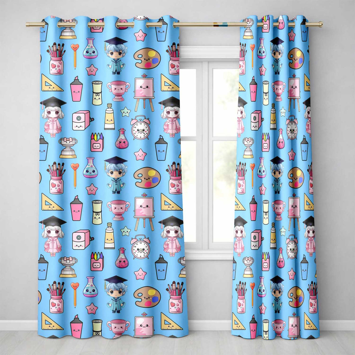 Cute Kawaii Graduation Student Art Supplies Blue Seamless Pattern  Readymade Eyelet Ring Top Thermal 100% Blackout Curtains