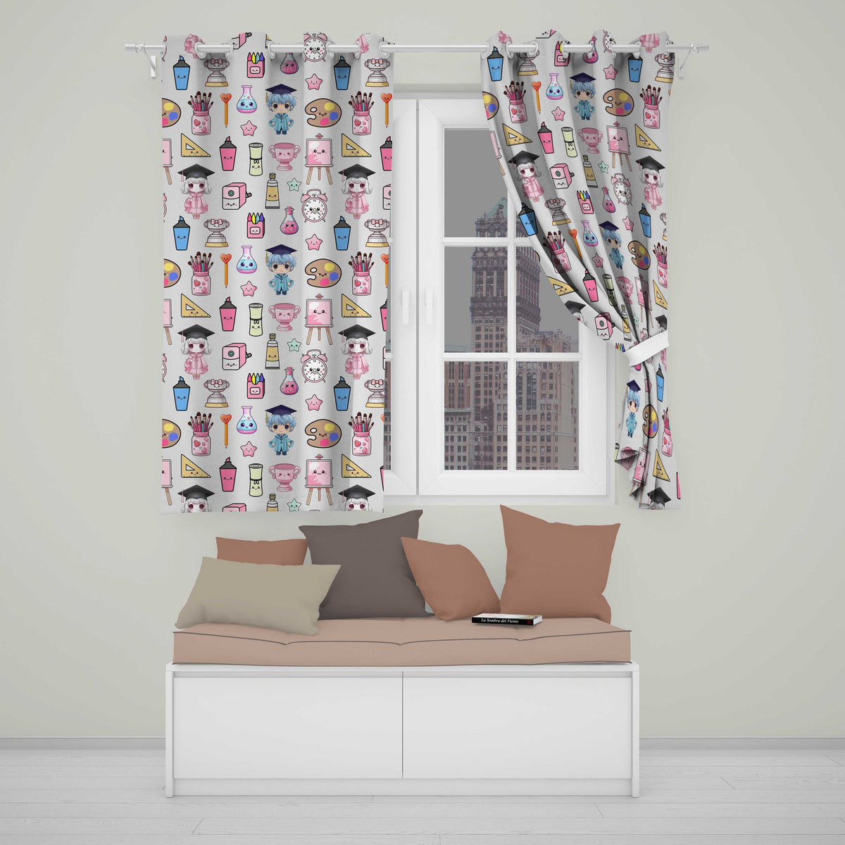 Cute Kawaii Graduation Student Art Supplies Neutral Seamless Pattern  Readymade Eyelet Ring Top Thermal 100% Blackout Curtains