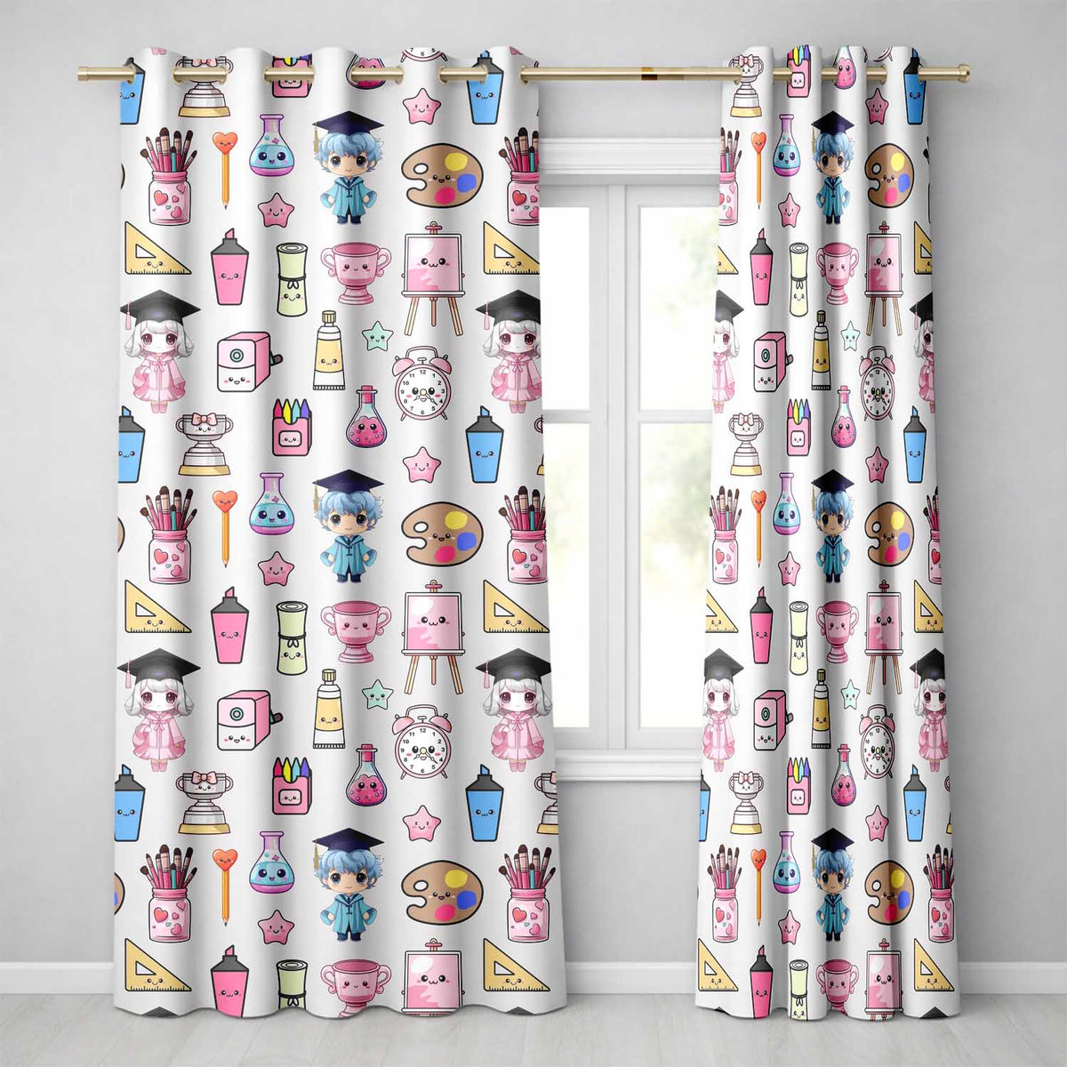 Cute Kawaii Graduation Student Art Supplies Neutral Seamless Pattern  Readymade Eyelet Ring Top Thermal 100% Blackout Curtains