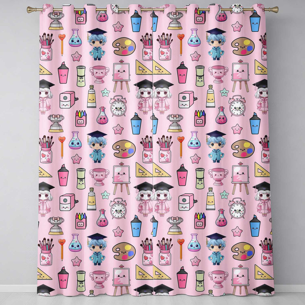 Cute Kawaii Graduation Student Art Supplies  Pink Seamless Pattern  Readymade Eyelet Ring Top Thermal 100% Blackout Curtains
