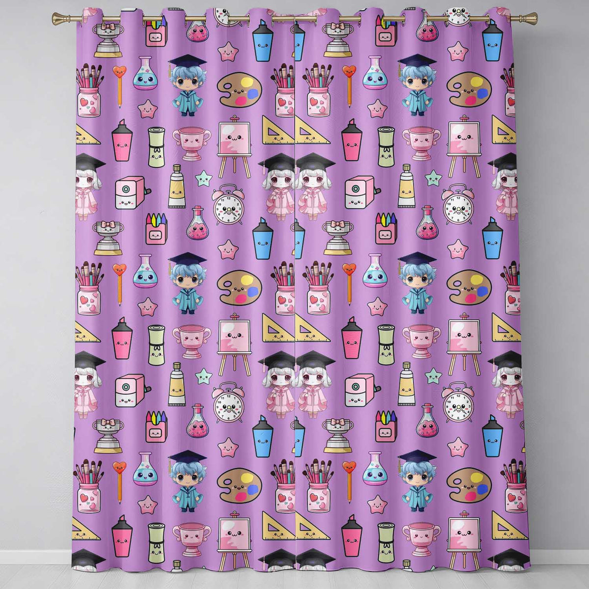 Cute Kawaii Graduation Student Art Supplies  Purple Seamless Pattern  Readymade Eyelet Ring Top Thermal 100% Blackout Curtains