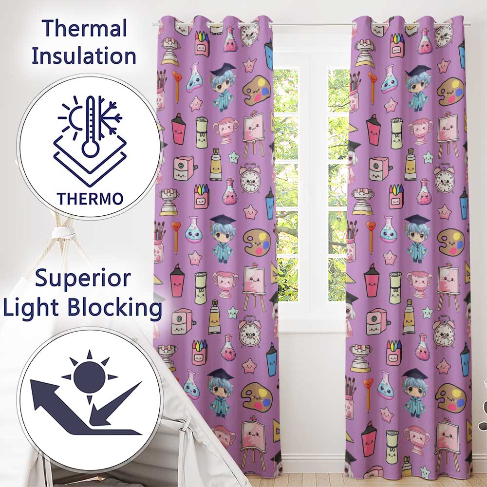 Cute Kawaii Graduation Student Art Supplies  Purple Seamless Pattern  Readymade Eyelet Ring Top Thermal 100% Blackout Curtains