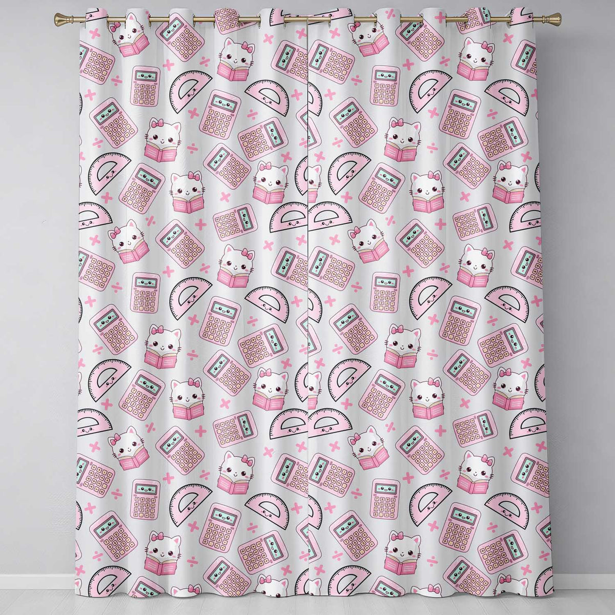 Cute Kawaii Maths Cat Calculator Ruler Seamless Pattern  Readymade Eyelet Ring Top Thermal 100% Blackout Curtains