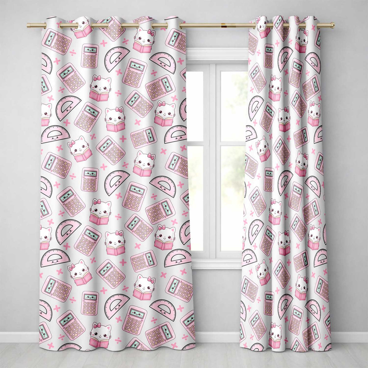 Cute Kawaii Maths Cat Calculator Ruler Seamless Pattern  Readymade Eyelet Ring Top Thermal 100% Blackout Curtains