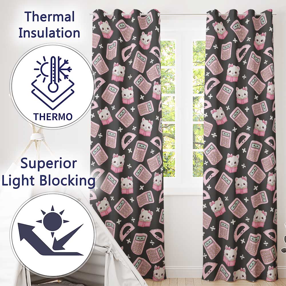 Cute Kawaii Maths Cat Calculator Ruler Dark Seamless Pattern  Readymade Eyelet Ring Top Thermal 100% Blackout Curtains