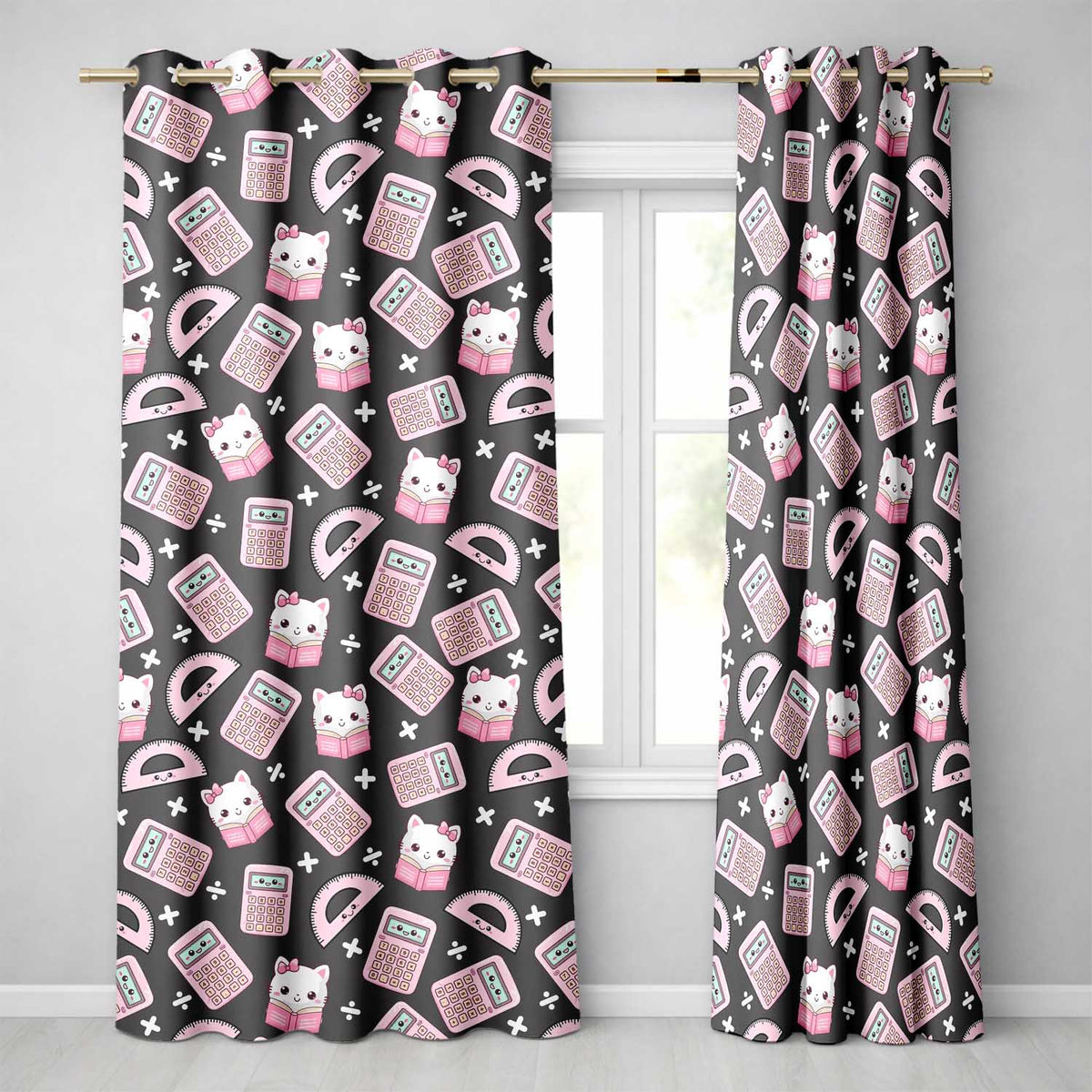 Cute Kawaii Maths Cat Calculator Ruler Dark Seamless Pattern  Readymade Eyelet Ring Top Thermal 100% Blackout Curtains