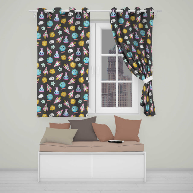 Cute Kawaii Space Rocket Globe Sun Star Dark Seamless Pattern  Readymade Eyelet Ring Top Thermal 100% Blackout Curtains