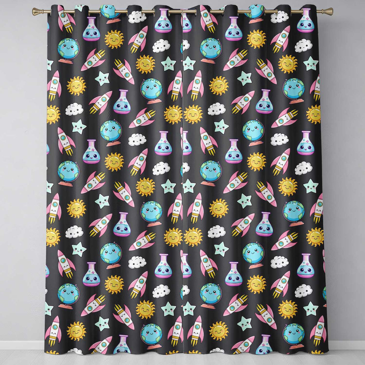 Cute Kawaii Space Rocket Globe Sun Star Dark Seamless Pattern  Readymade Eyelet Ring Top Thermal 100% Blackout Curtains