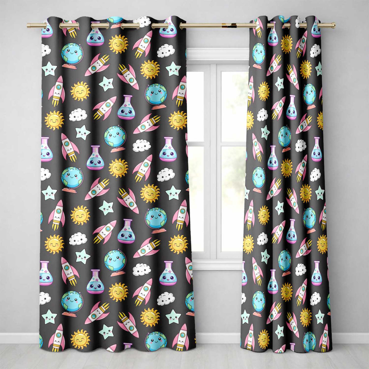 Cute Kawaii Space Rocket Globe Sun Star Dark Seamless Pattern  Readymade Eyelet Ring Top Thermal 100% Blackout Curtains