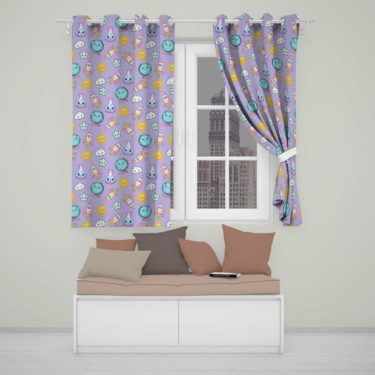 Cute Kawaii Space Rocket Globe Sun Star Lilac Seamless Pattern  Readymade Eyelet Ring Top Thermal 100% Blackout Curtains