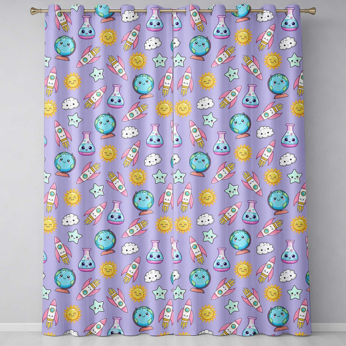 Cute Kawaii Space Rocket Globe Sun Star Lilac Seamless Pattern  Readymade Eyelet Ring Top Thermal 100% Blackout Curtains