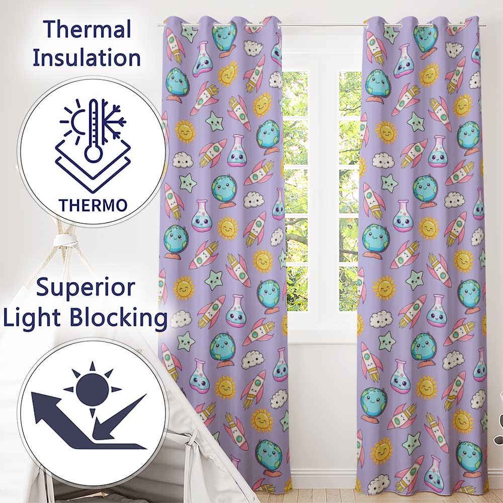 Cute Kawaii Space Rocket Globe Sun Star Lilac Seamless Pattern  Readymade Eyelet Ring Top Thermal 100% Blackout Curtains