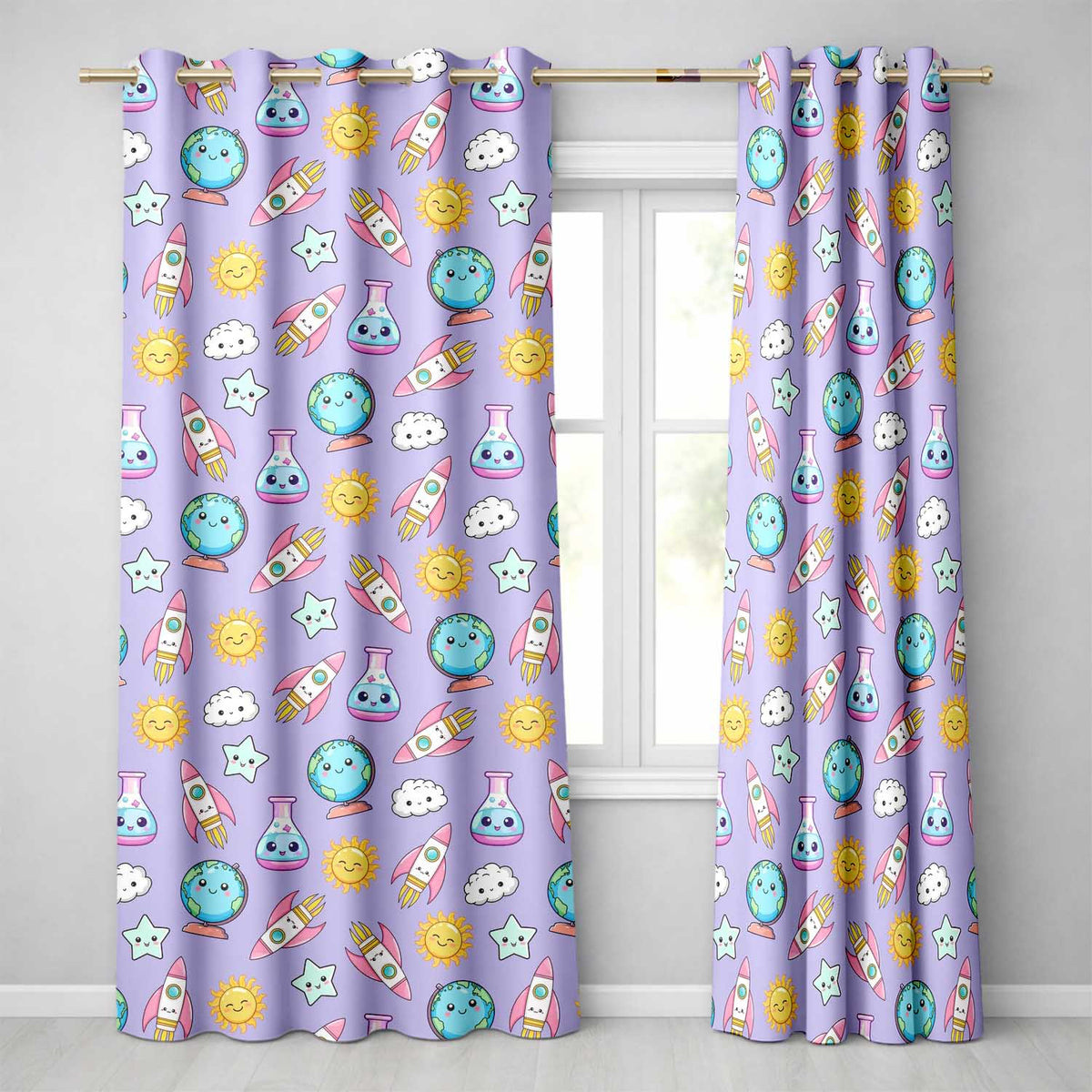 Cute Kawaii Space Rocket Globe Sun Star Lilac Seamless Pattern  Readymade Eyelet Ring Top Thermal 100% Blackout Curtains