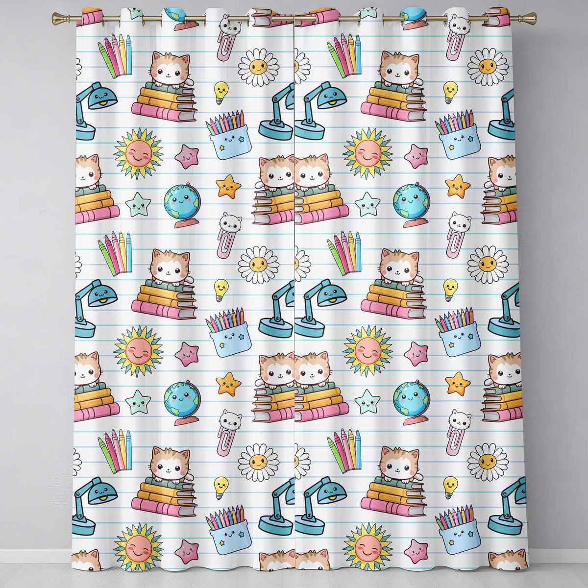 Cute Kawaii School Cat Books Crayons Stationery Seamless Pattern  Readymade Eyelet Ring Top Thermal 100% Blackout Curtains
