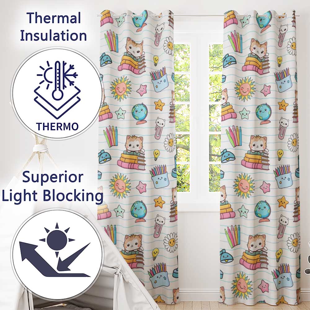 Cute Kawaii School Cat Books Crayons Stationery Seamless Pattern  Readymade Eyelet Ring Top Thermal 100% Blackout Curtains