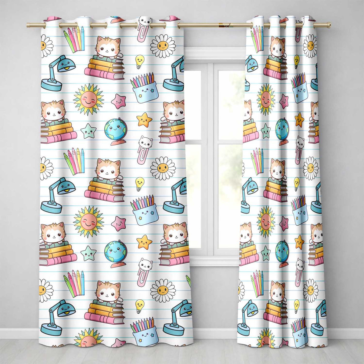Cute Kawaii School Cat Books Crayons Stationery Seamless Pattern  Readymade Eyelet Ring Top Thermal 100% Blackout Curtains