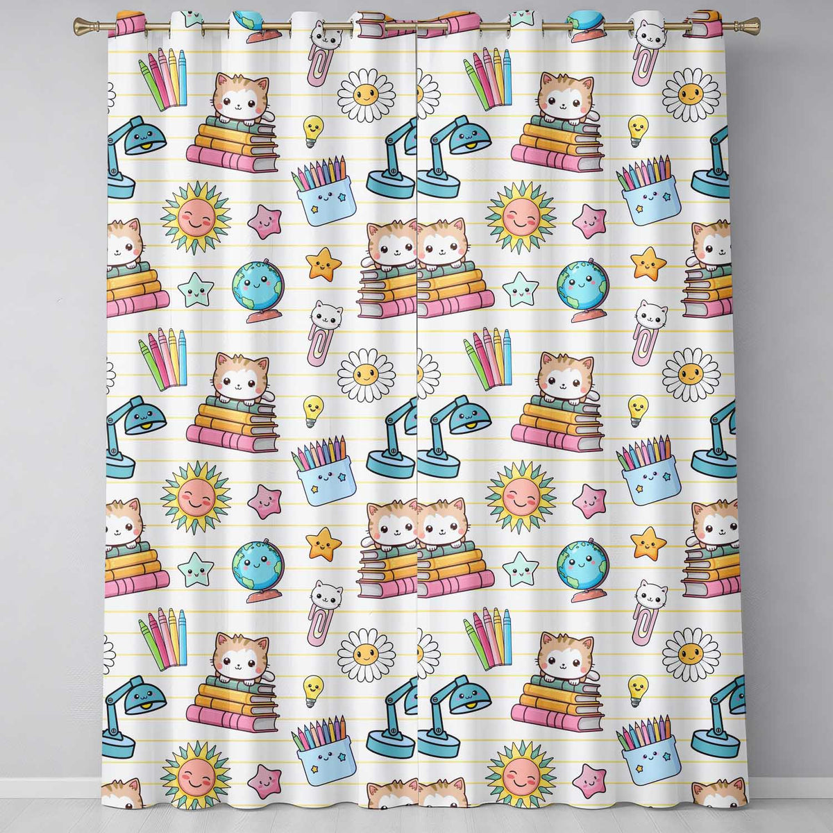 Cute Kawaii School Cat Books Crayons Yellow Lines Seamless Pattern  Readymade Eyelet Ring Top Thermal 100% Blackout Curtains