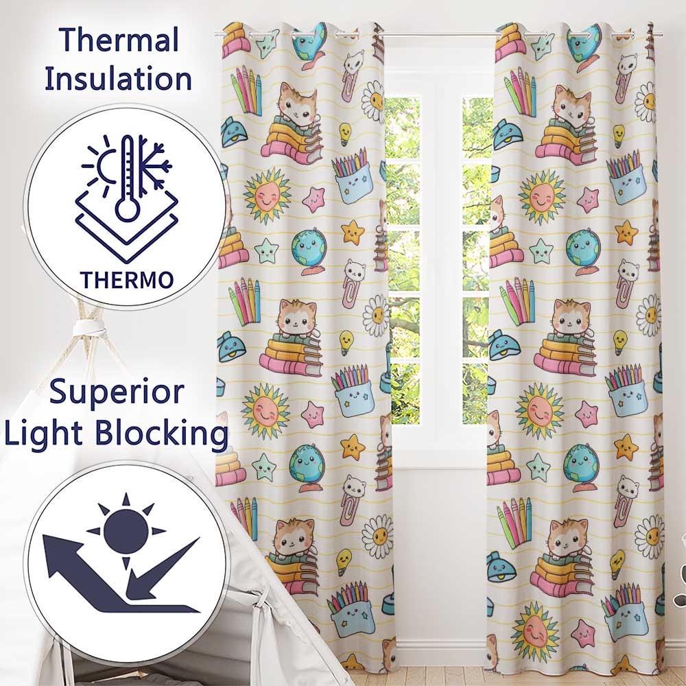 Cute Kawaii School Cat Books Crayons Yellow Lines Seamless Pattern  Readymade Eyelet Ring Top Thermal 100% Blackout Curtains
