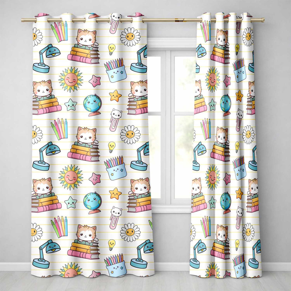 Cute Kawaii School Cat Books Crayons Yellow Lines Seamless Pattern  Readymade Eyelet Ring Top Thermal 100% Blackout Curtains