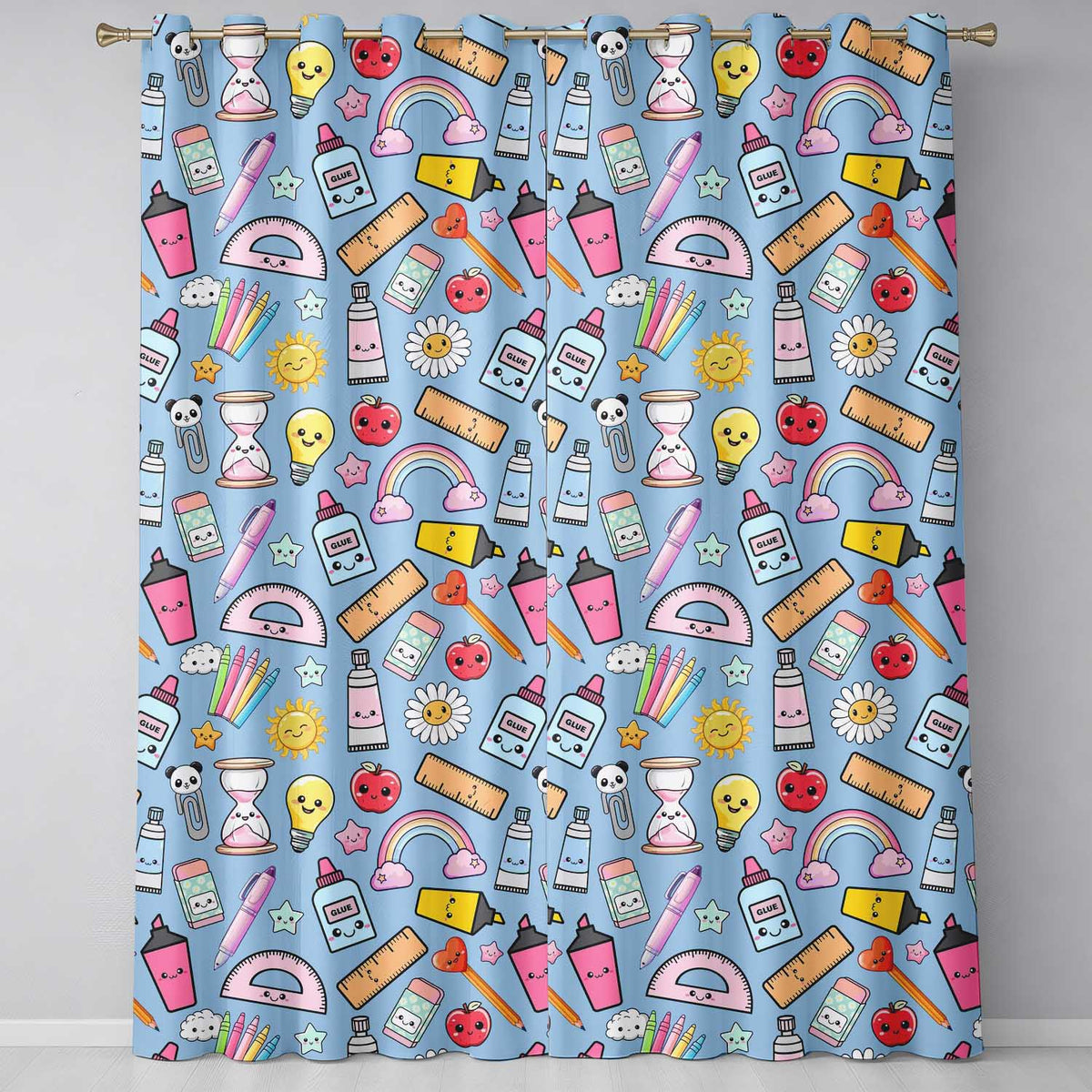 Cute Kawaii School Supplies Rainbow Apple Glue Blue Seamless Pattern  Readymade Eyelet Ring Top Thermal 100% Blackout Curtains