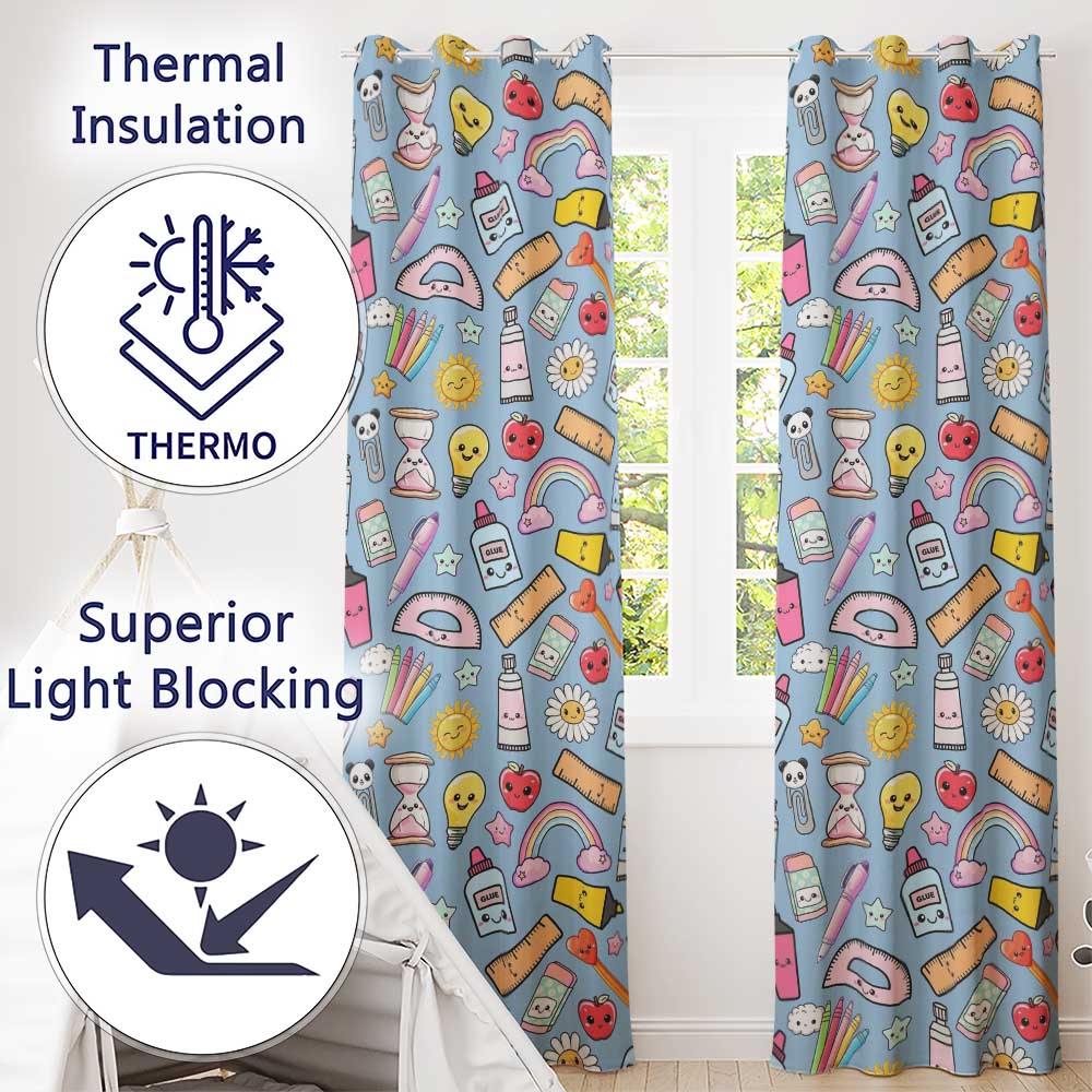 Cute Kawaii School Supplies Rainbow Apple Glue Blue Seamless Pattern  Readymade Eyelet Ring Top Thermal 100% Blackout Curtains