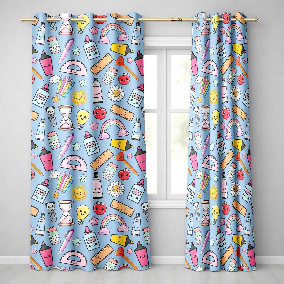 Cute Kawaii School Supplies Rainbow Apple Glue Blue Seamless Pattern  Readymade Eyelet Ring Top Thermal 100% Blackout Curtains