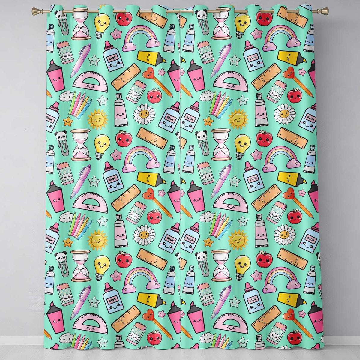 Cute Kawaii School Supplies Rainbow Apple Glue Green Seamless Pattern  Readymade Eyelet Ring Top Thermal 100% Blackout Curtains