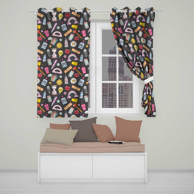Cute Kawaii School Supplies Rainbow Apple Glue Dark Seamless Pattern  Readymade Eyelet Ring Top Thermal 100% Blackout Curtains