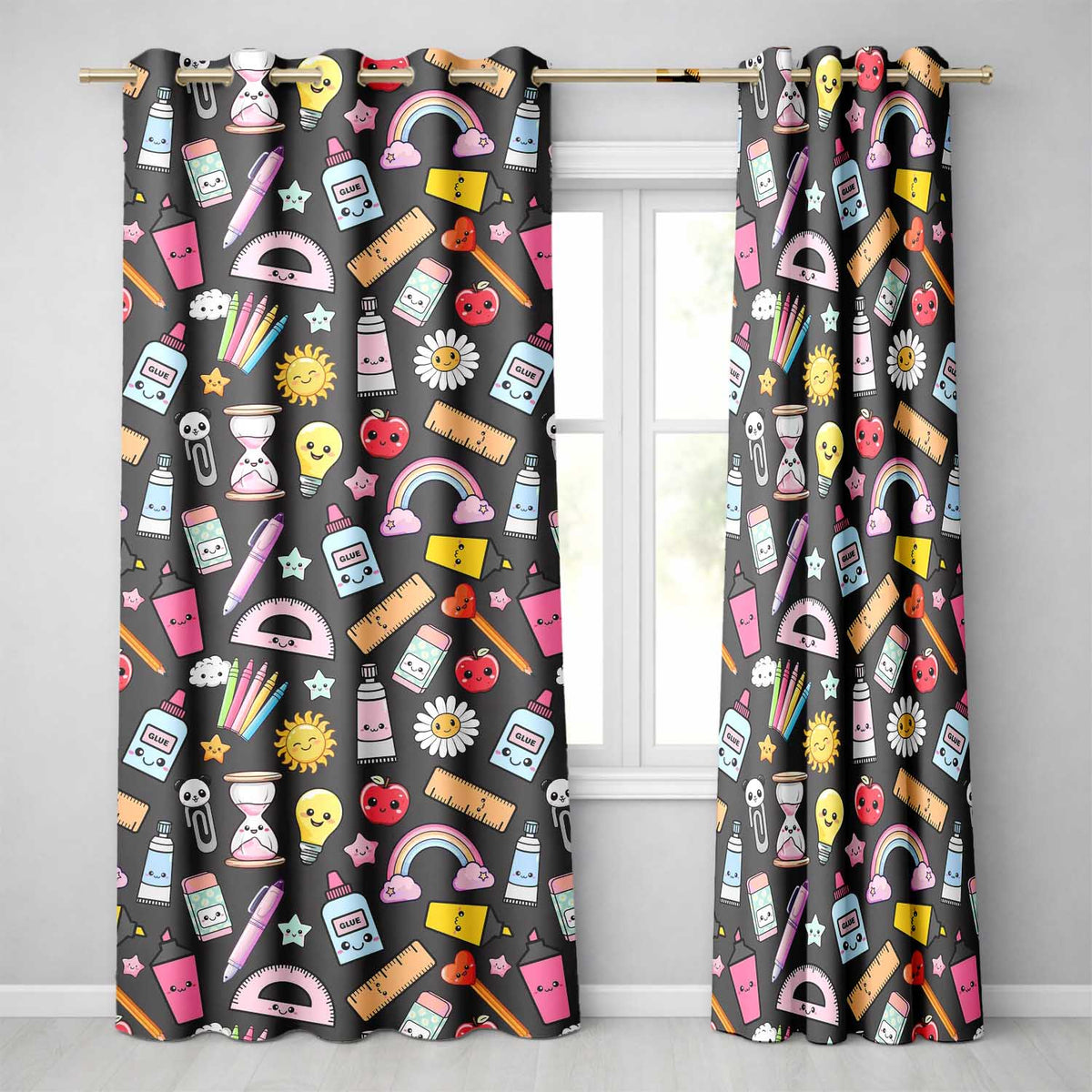 Cute Kawaii School Supplies Rainbow Apple Glue Dark Seamless Pattern  Readymade Eyelet Ring Top Thermal 100% Blackout Curtains
