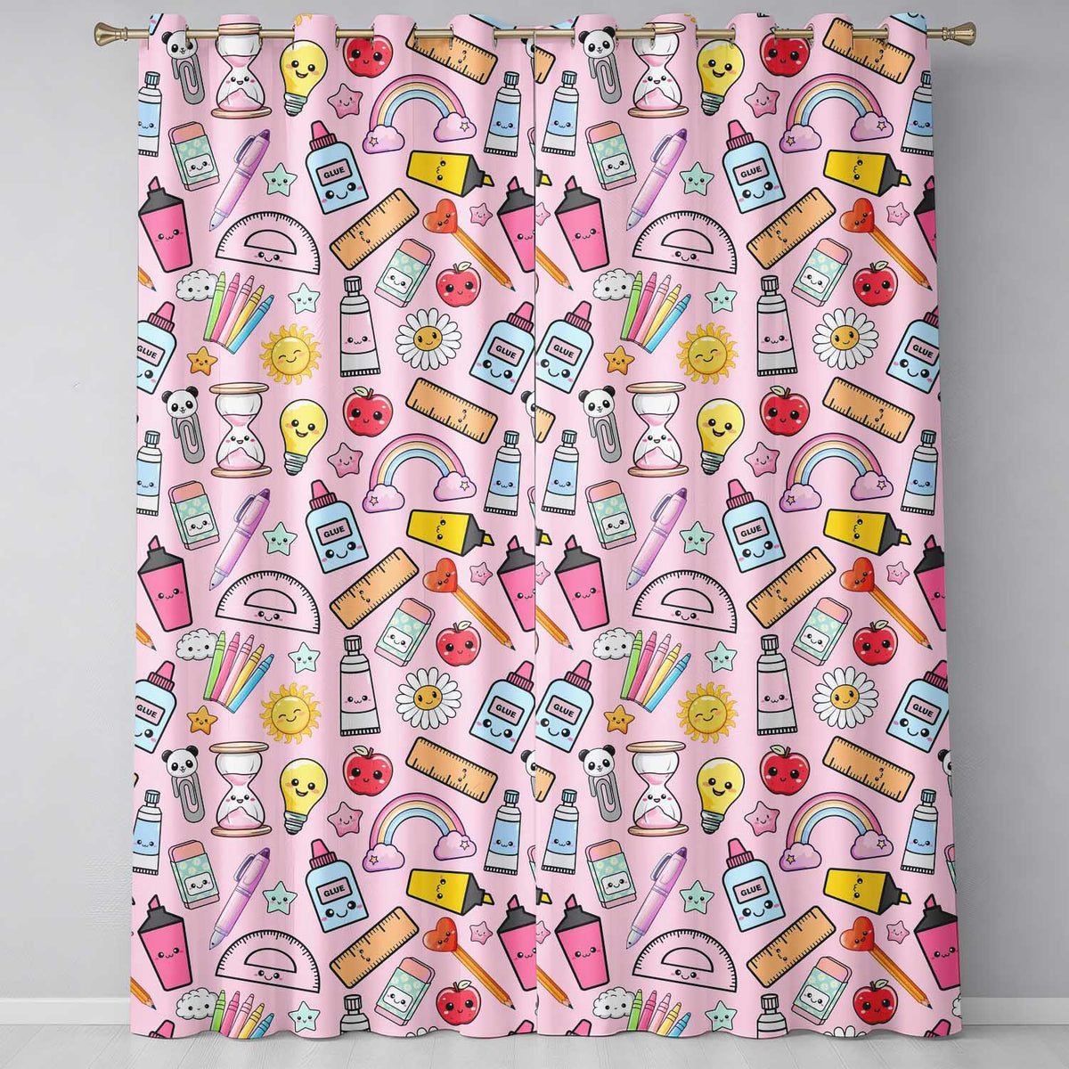 Cute Kawaii School Supplies Rainbow Apple Glue Pink Seamless Pattern  Readymade Eyelet Ring Top Thermal 100% Blackout Curtains
