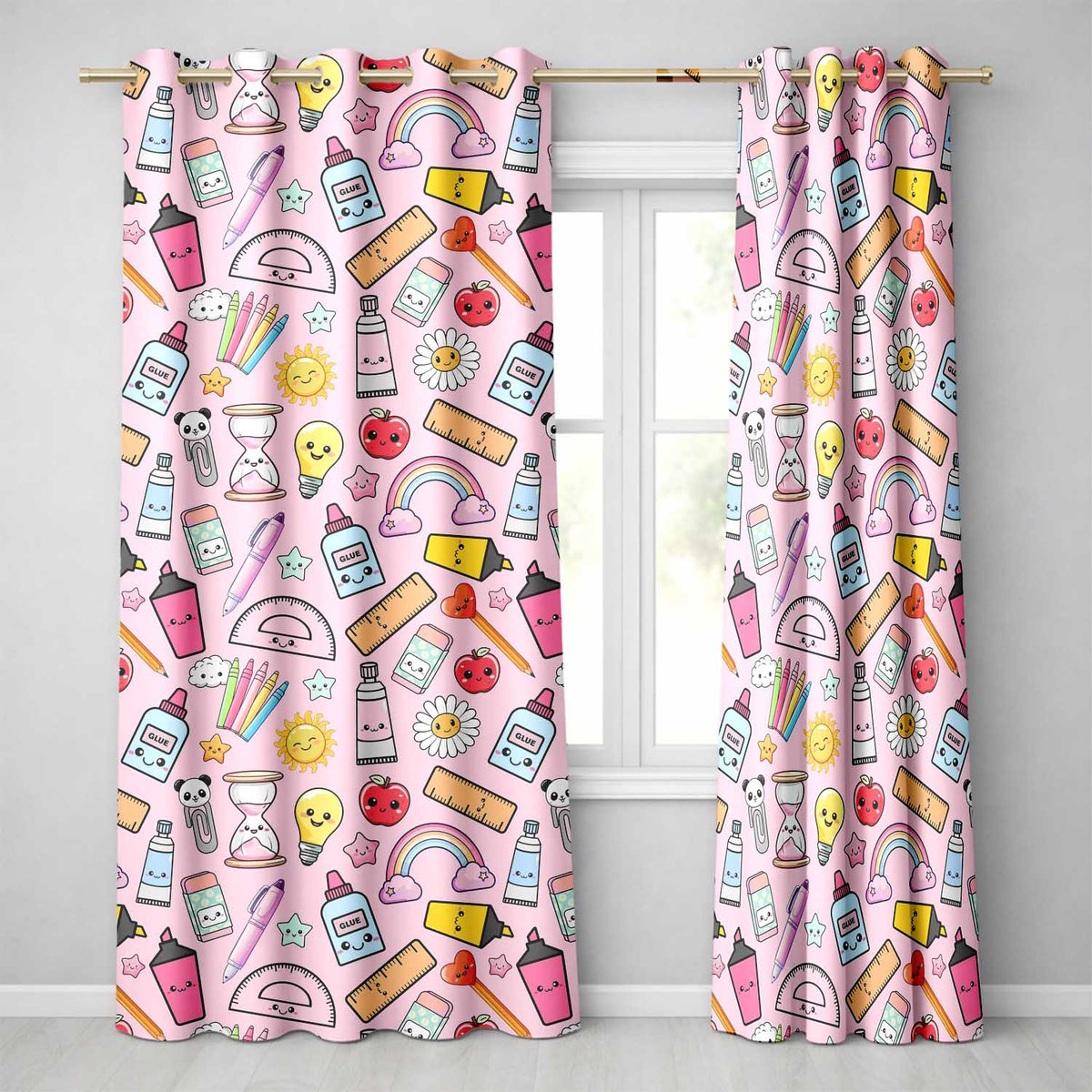 Cute Kawaii School Supplies Rainbow Apple Glue Pink Seamless Pattern  Readymade Eyelet Ring Top Thermal 100% Blackout Curtains