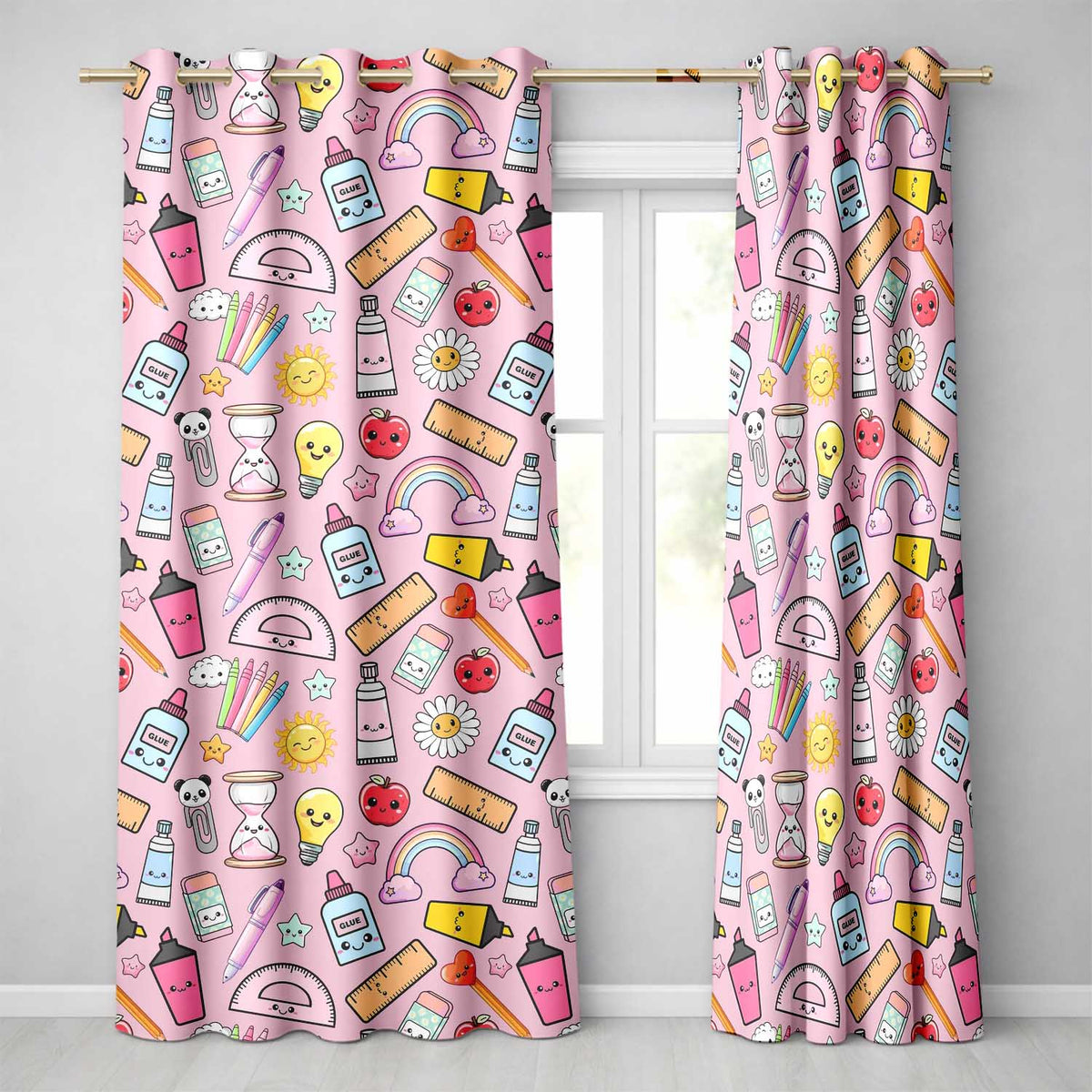 Cute Kawaii School Supplies Glue Rainbow Apple Pink Background Seamless Pattern  Readymade Eyelet Ring Top Thermal 100% Blackout Curtains