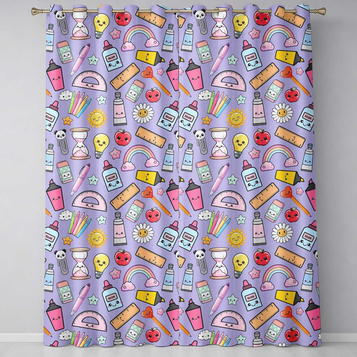 Cute Kawaii School Supplies  Rainbow Apple Purple Background Seamless Pattern  Readymade Eyelet Ring Top Thermal 100% Blackout Curtains