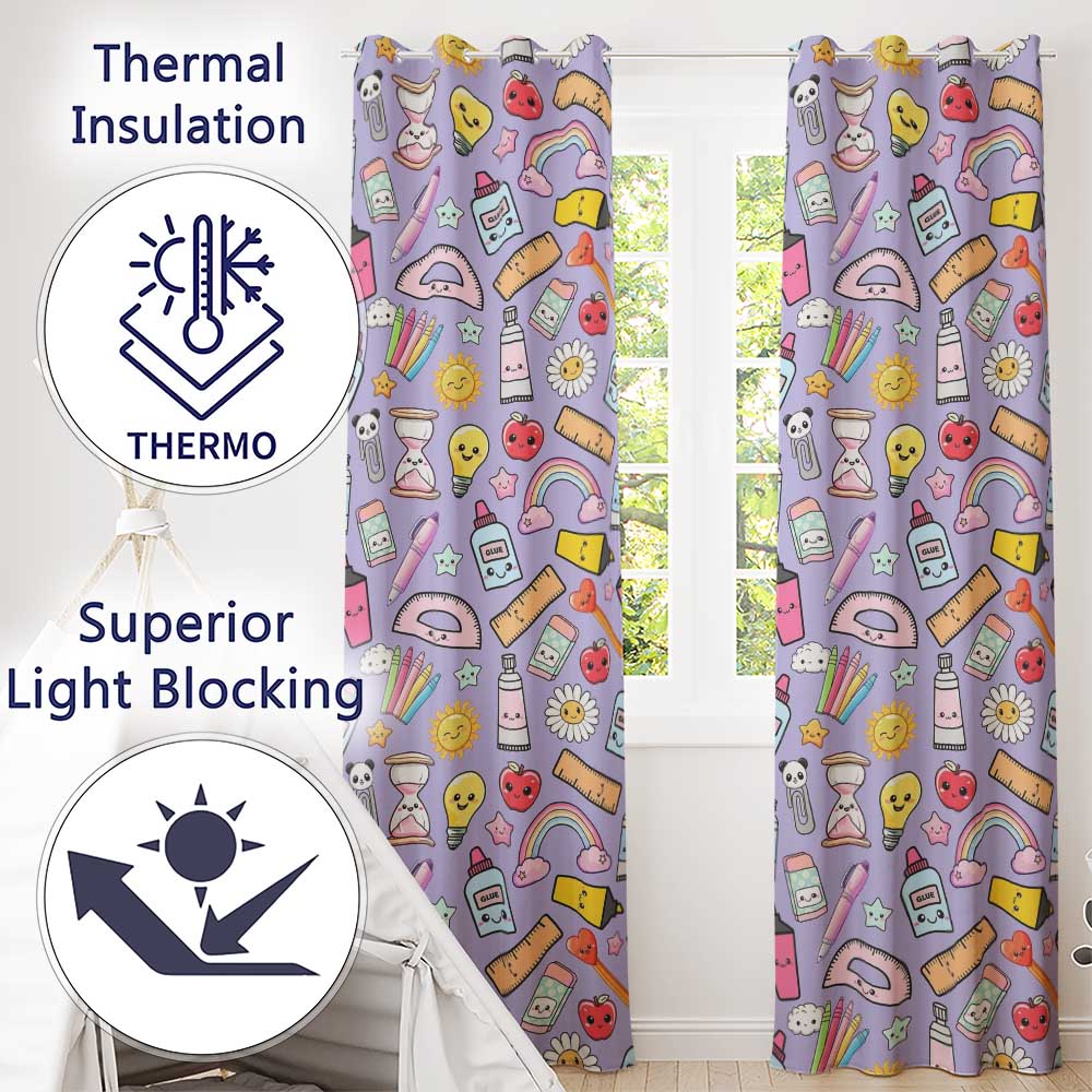 Cute Kawaii School Supplies  Rainbow Apple Purple Background Seamless Pattern  Readymade Eyelet Ring Top Thermal 100% Blackout Curtains