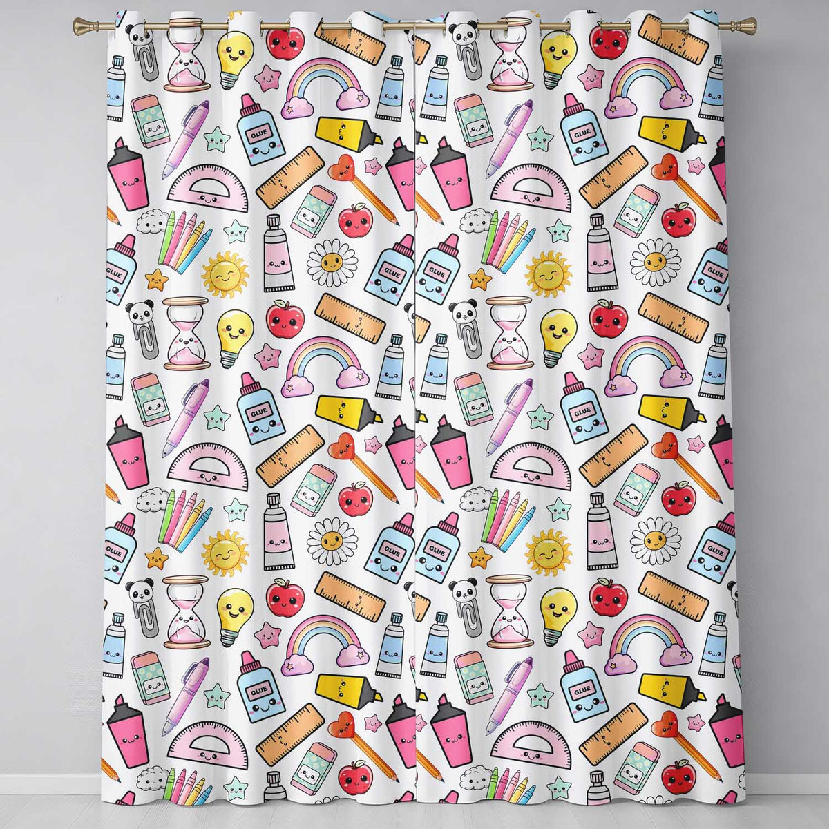 Cute Kawaii School Supplies Glue Rainbow Apple Grey Background Seamless Pattern  Readymade Eyelet Ring Top Thermal 100% Blackout Curtains