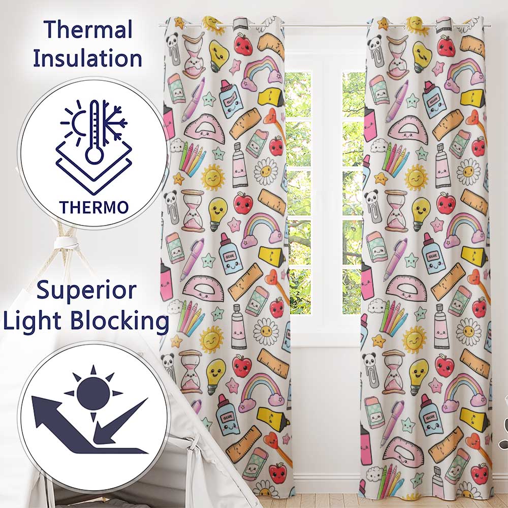 Cute Kawaii School Supplies Glue Rainbow Apple Grey Background Seamless Pattern  Readymade Eyelet Ring Top Thermal 100% Blackout Curtains