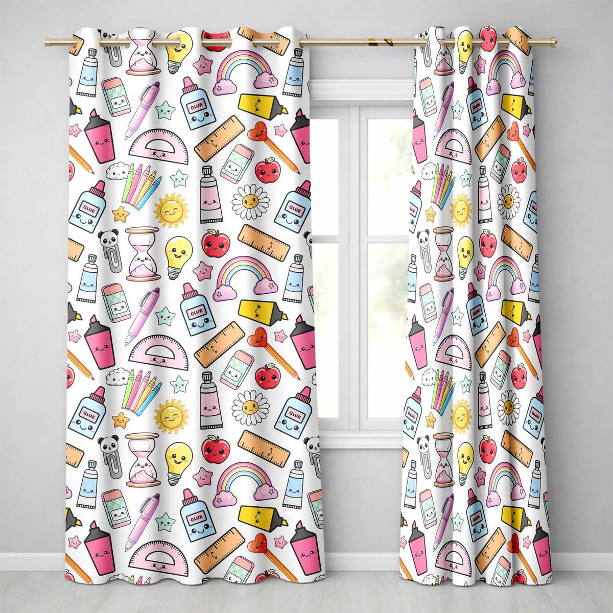Cute Kawaii School Supplies Glue Rainbow Apple Grey Background Seamless Pattern  Readymade Eyelet Ring Top Thermal 100% Blackout Curtains