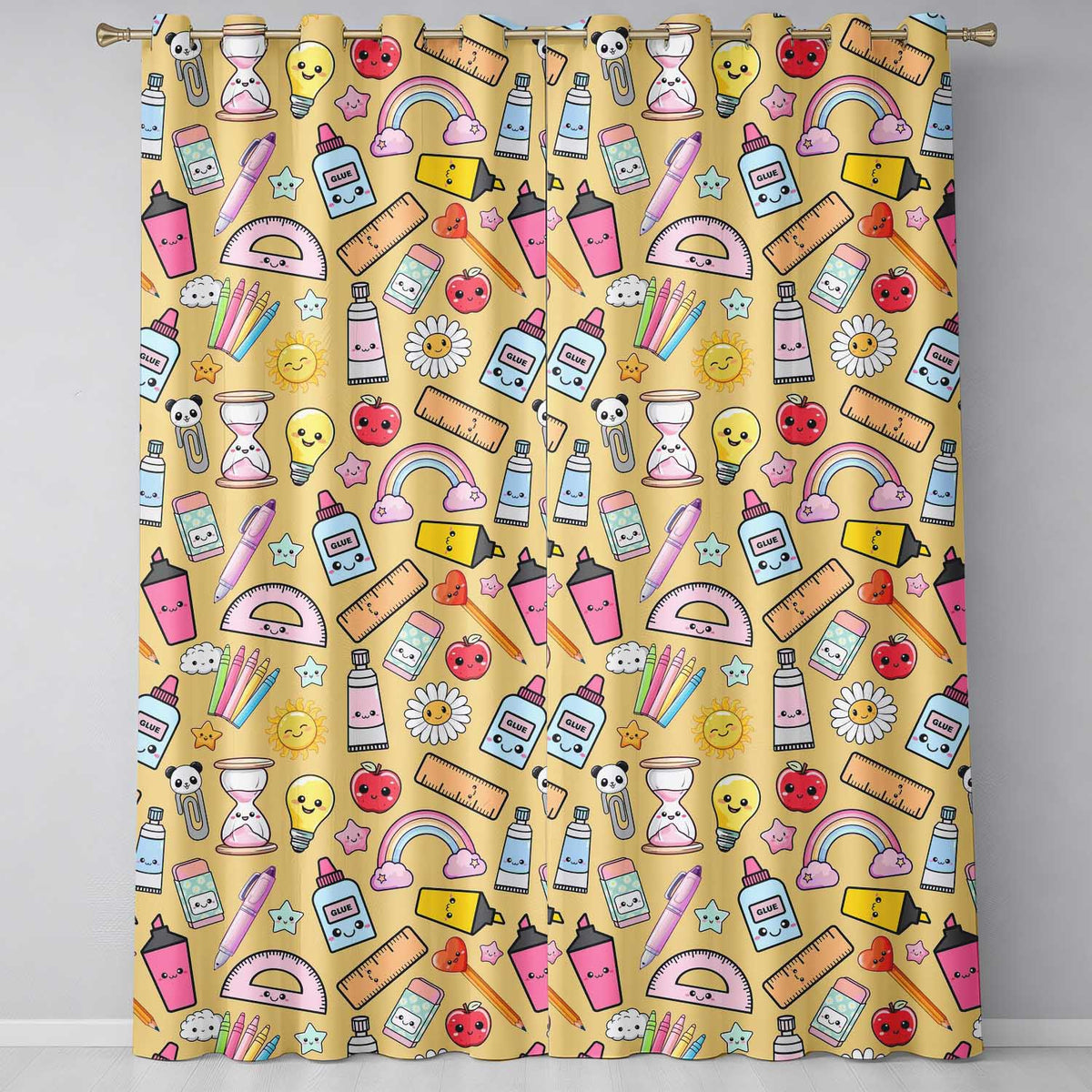 Cute Kawaii School Supplies Rainbow Apple Yellow Background Seamless Pattern  Readymade Eyelet Ring Top Thermal 100% Blackout Curtains