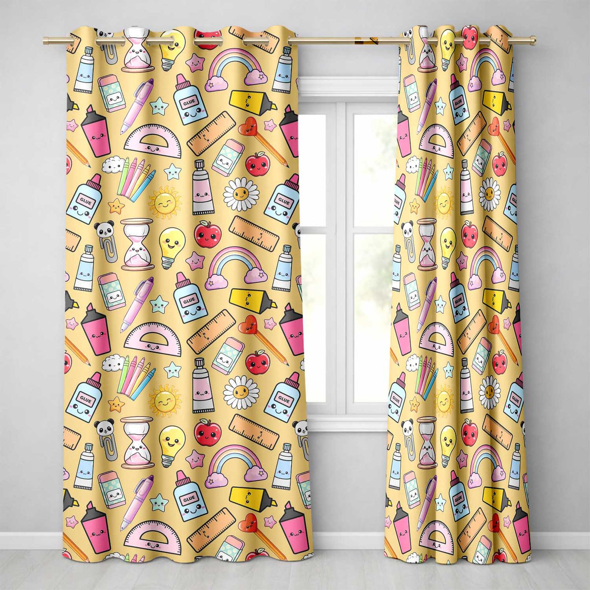 Cute Kawaii School Supplies Rainbow Apple Yellow Background Seamless Pattern  Readymade Eyelet Ring Top Thermal 100% Blackout Curtains