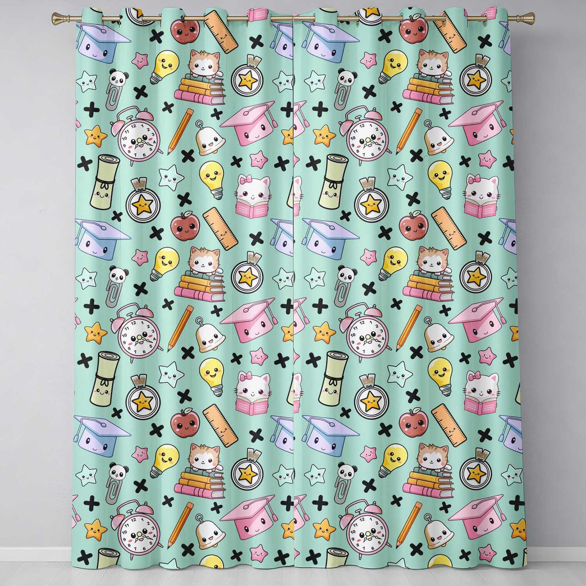 Cute Kawaii School Supplies Cat Books Clock Pencil Green Seamless Pattern  Readymade Eyelet Ring Top Thermal 100% Blackout Curtains
